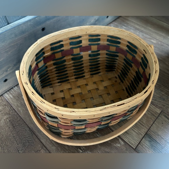 Oval Basket with Handle in Natural Brown, Green & Red/Maroon Colors - Picture 4 of 6
